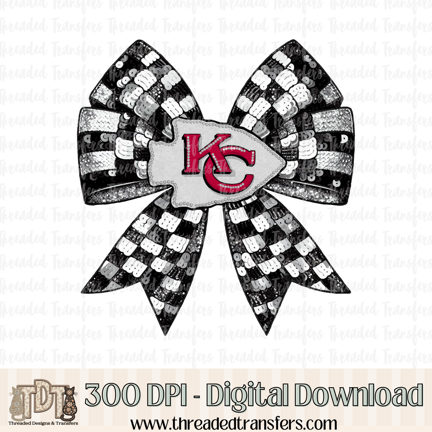 Kansas City Checker Coquette Bow Faux Sequin, Faux Rhinestone, & Faux Embroidery Digital Design Download (PNG Format - no product shipped)