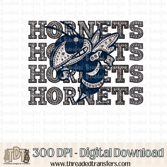 Blue Hornets Mascot Repeat Words Faux Rhinestone & Faux Embroidery Digital Design Download (PNG Format - no product shipped)