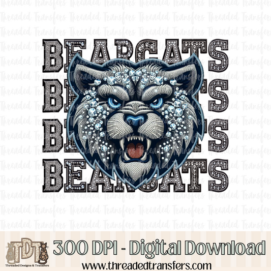 Bearcats Mascot Repeat Words Faux Rhinestone & Faux Embroidery Digital Design Download (PNG Format - no product shipped)