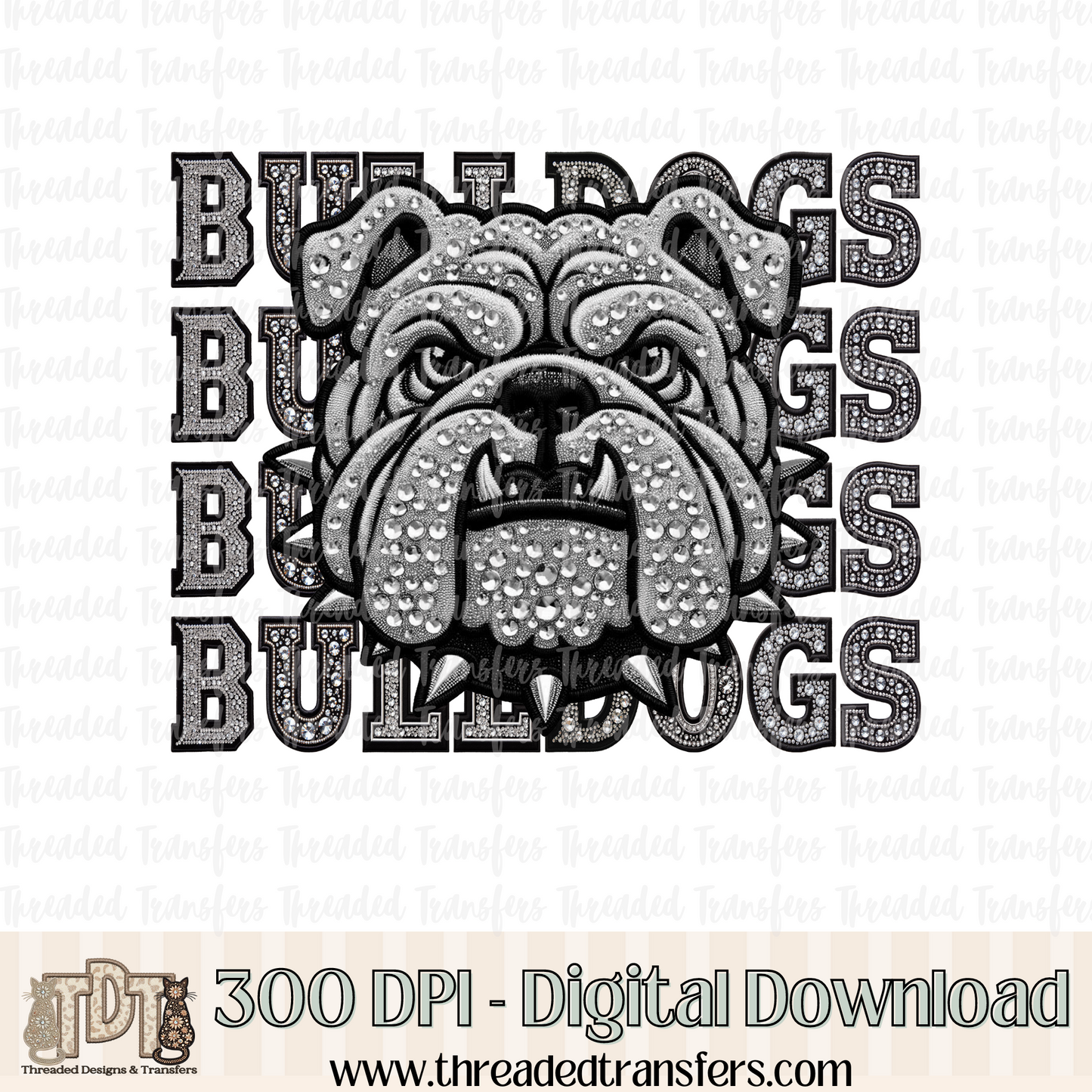 Bulldogs Mascot Repeat Words Faux Rhinestone & Faux Embroidery Digital Design Download (PNG Format - no product shipped)