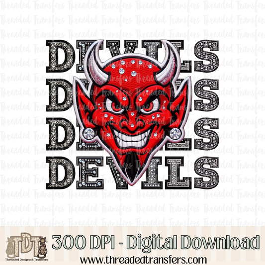 Red Devils Mascot Repeat Words Faux Rhinestone & Faux Embroidery Digital Design Download (PNG Format - no product shipped)