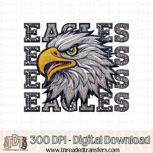 Eagles Mascot Repeat Words Faux Rhinestone & Faux Embroidery Digital Design Download (PNG Format - no product shipped)