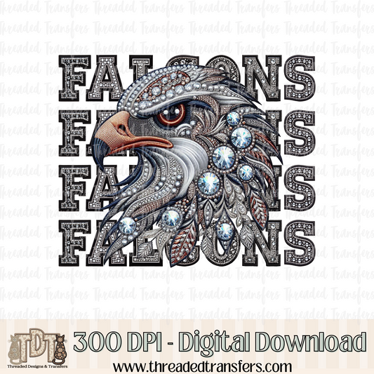 Falcons Mascot Repeat Words Faux Rhinestone & Faux Embroidery Digital Design Download (PNG Format - no product shipped)