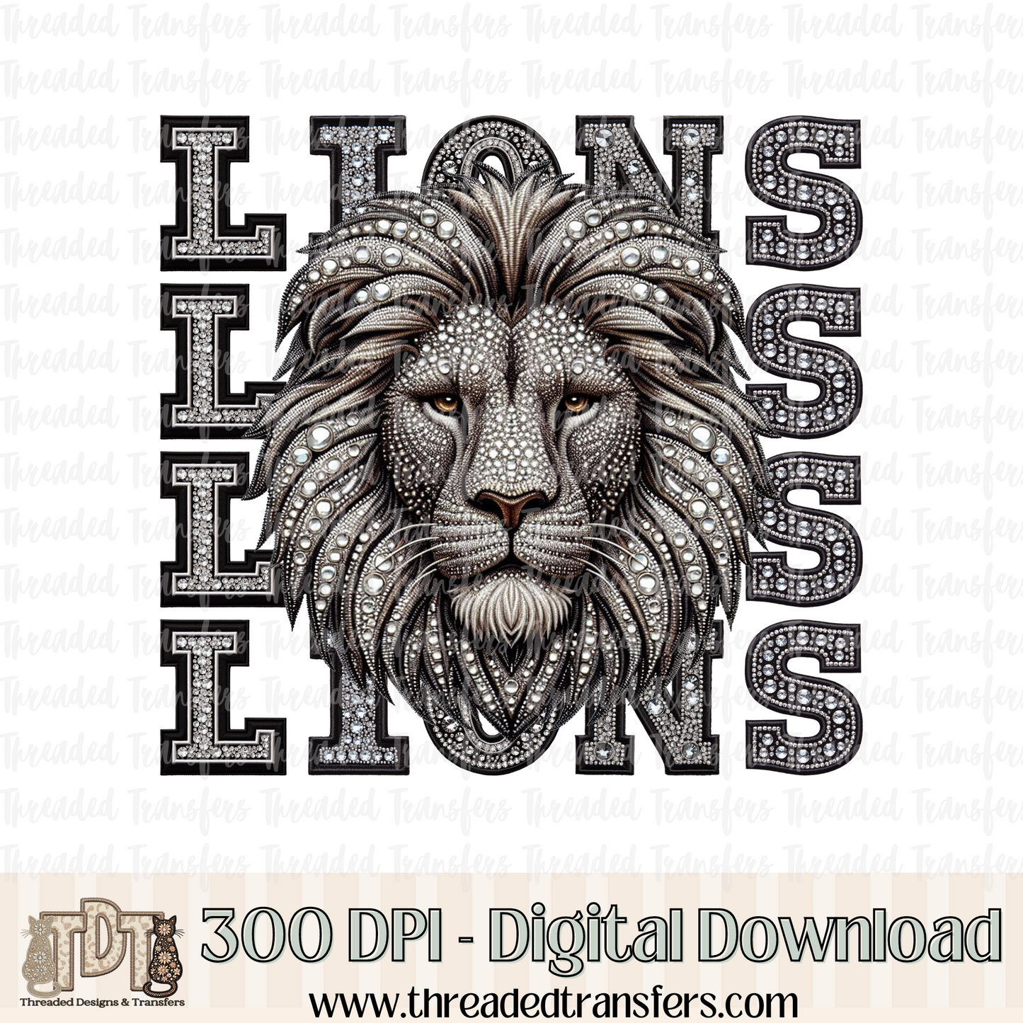 Lions Mascot Repeat Words Faux Rhinestone & Faux Embroidery Digital Design Download (PNG Format - no product shipped)