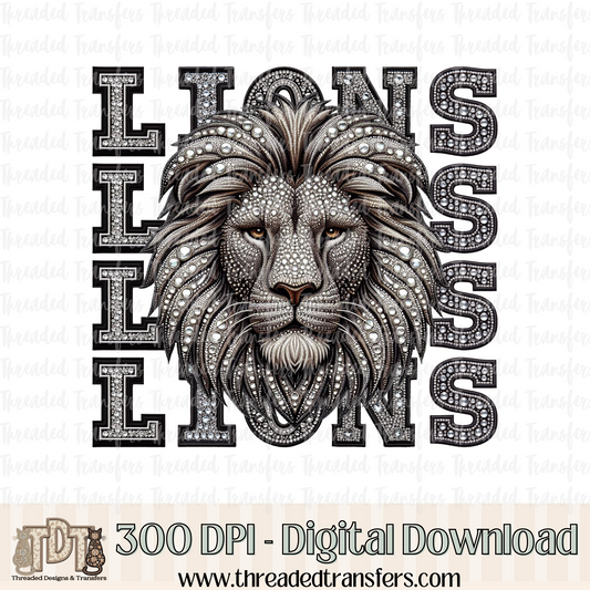 Lions Mascot Repeat Words Faux Rhinestone & Faux Embroidery Digital Design Download (PNG Format - no product shipped)