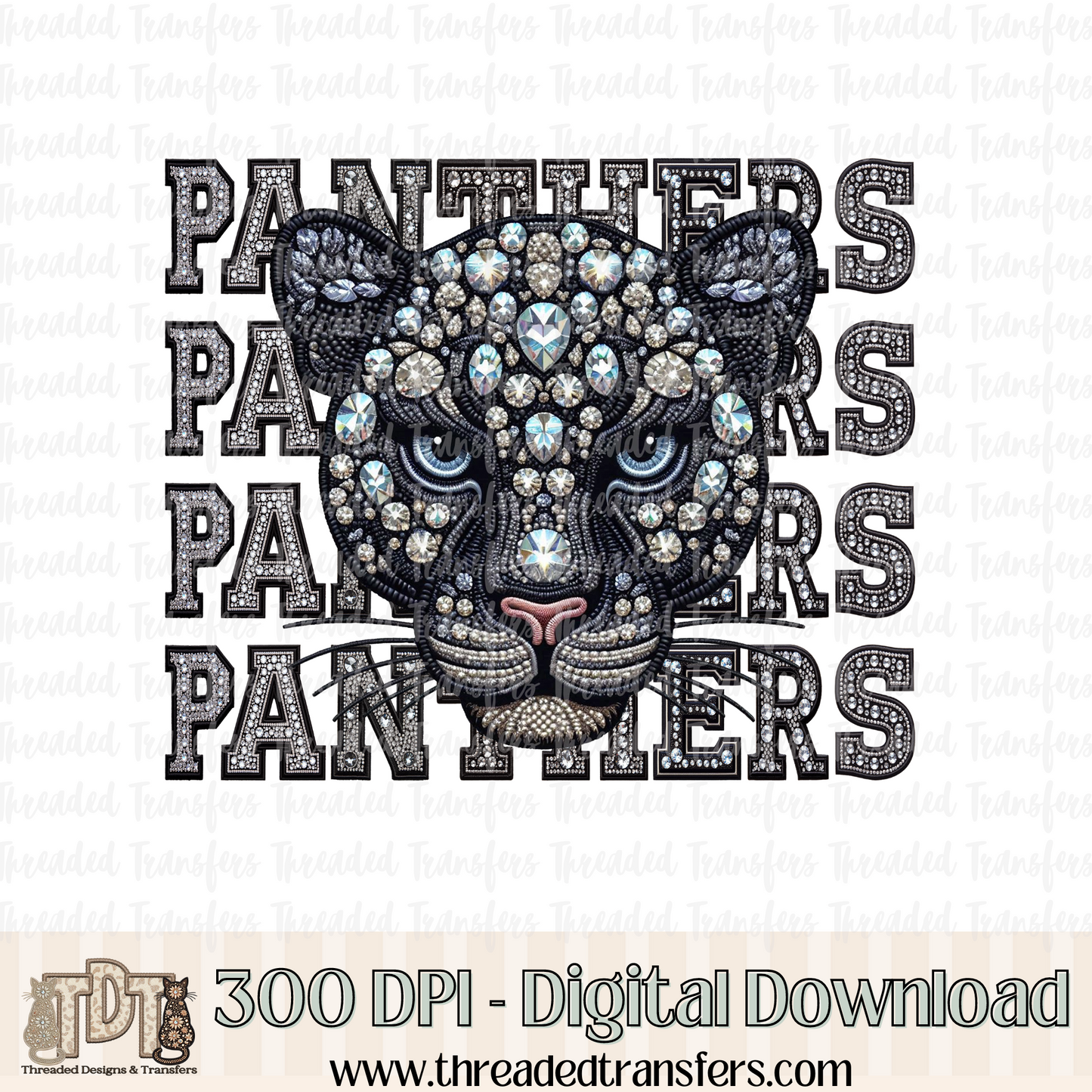 Panthers Mascot Repeat Words Faux Rhinestone & Faux Embroidery Digital Design Download (PNG Format - no product shipped)