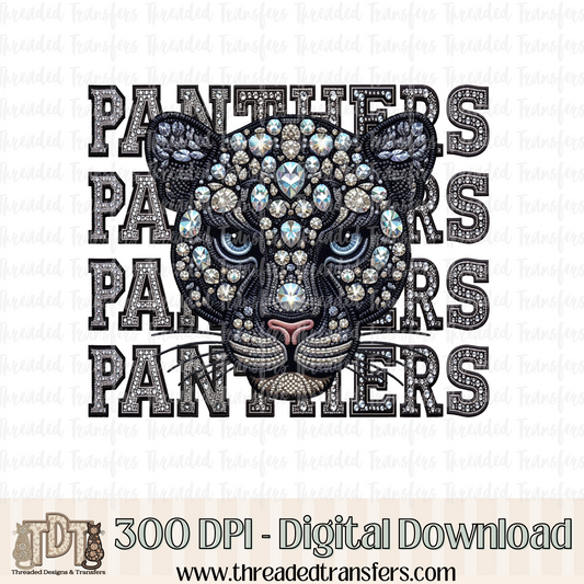 Panthers Mascot Repeat Words Faux Rhinestone & Faux Embroidery Digital Design Download (PNG Format - no product shipped)