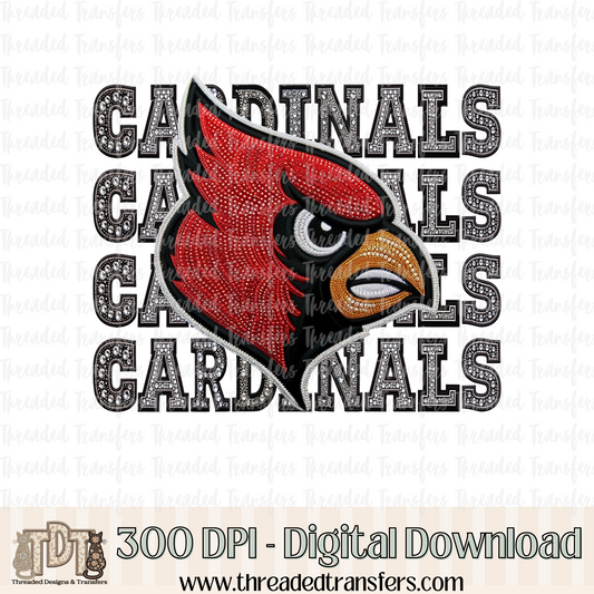 Red Cardinals Mascot Repeat Words Faux Rhinestone & Faux Embroidery Digital Design Download (PNG Format - no product shipped)