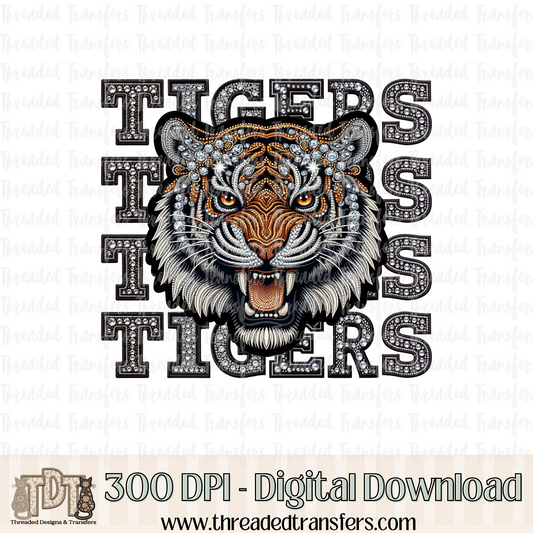 Tigers Mascot Repeat Words Faux Rhinestone & Faux Embroidery Digital Design Download (PNG Format - no product shipped)