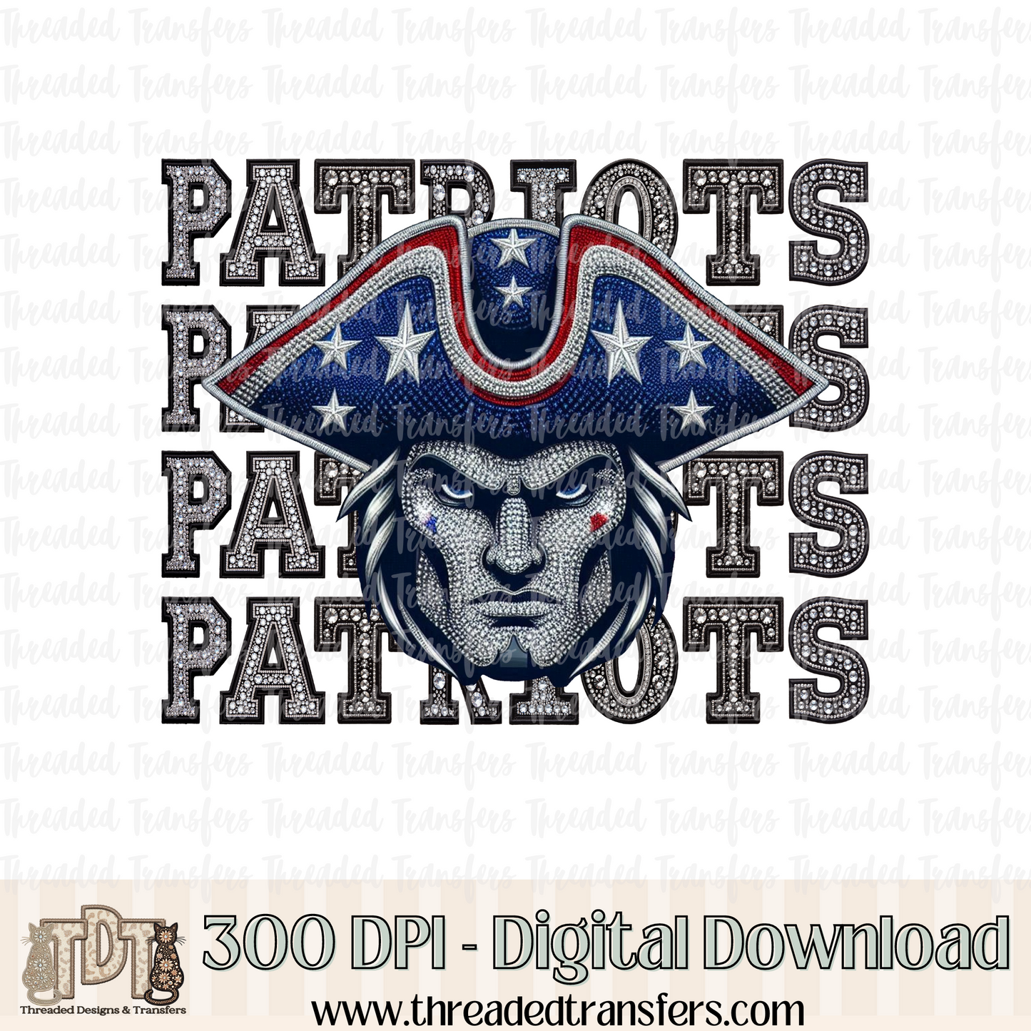 USA Patriots Mascot Repeat Words Faux Rhinestone & Faux Embroidery Digital Design Download (PNG Format - no product shipped)