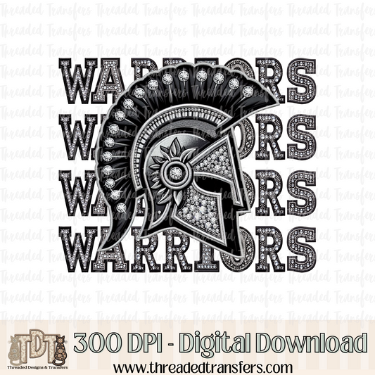 Warriors Mascot Repeat Words Faux Rhinestone & Faux Embroidery Digital Design Download (PNG Format - no product shipped)