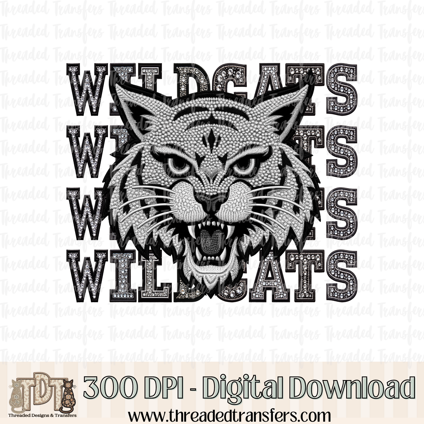 Wildcats Mascot Repeat Words Faux Rhinestone & Faux Embroidery Digital Design Download (PNG Format - no product shipped)