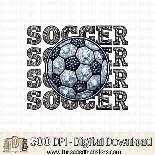 Soccer Repeat Words Faux Rhinestone & Faux Embroidery Digital Design Download (PNG Format - no product shipped)