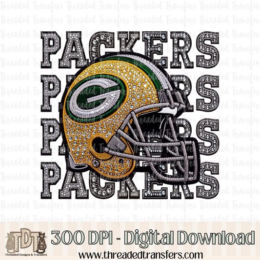 Green Bay Repeat Words Faux Rhinestone & Faux Embroidery Digital Design Download (PNG Format - no product shipped)