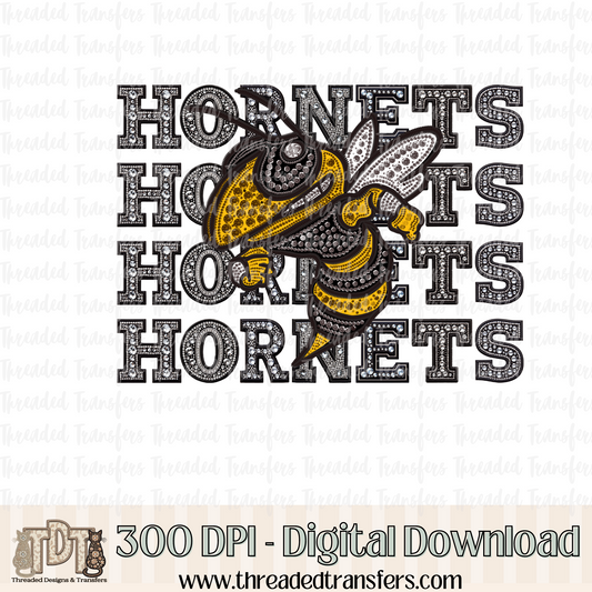 Hornets Mascot Repeat Words Faux Rhinestone & Faux Embroidery Digital Design Download (PNG Format - no product shipped)