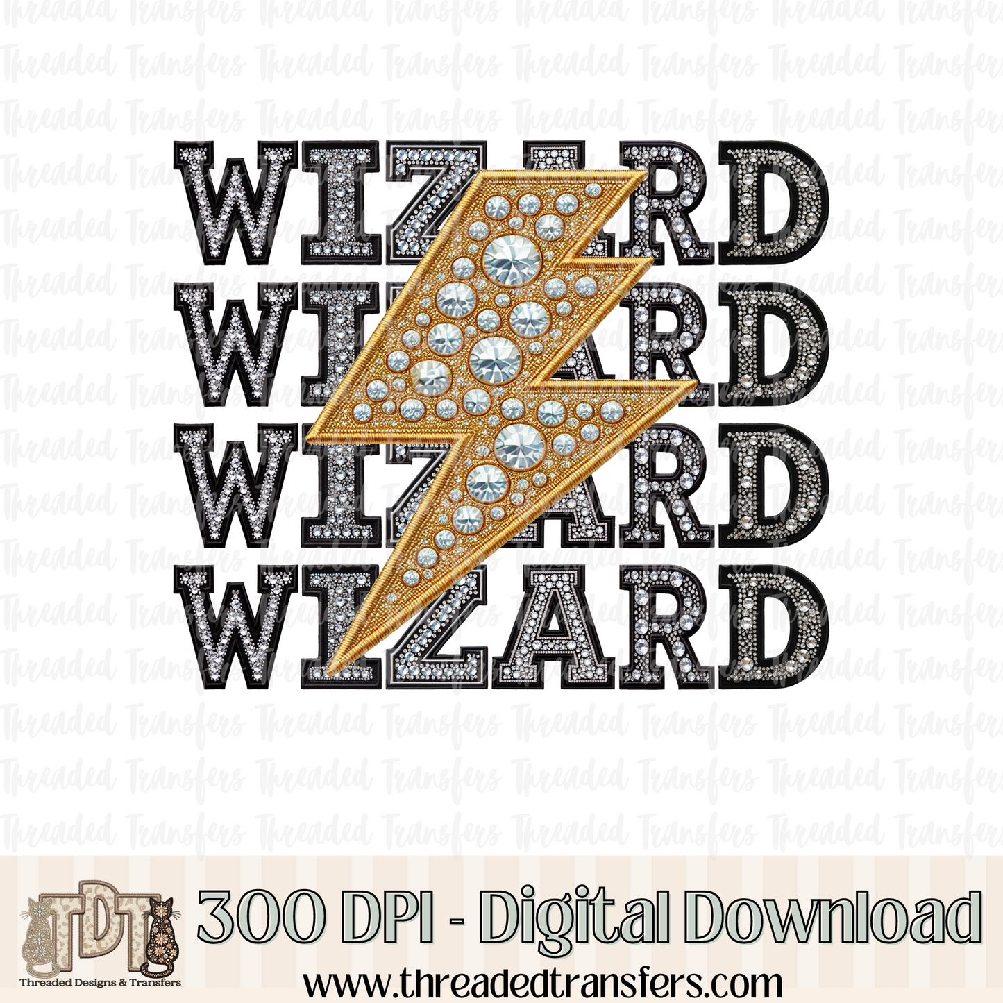 Wizard Bolt Repeat Words Faux Rhinestone & Faux Embroidery Digital Design Download (PNG Format - no product shipped)