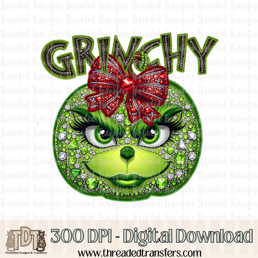 Green Girl Pumpkin Faux Rhinestone & Faux Embroidery Digital Design Download (PNG Format - no product shipped)