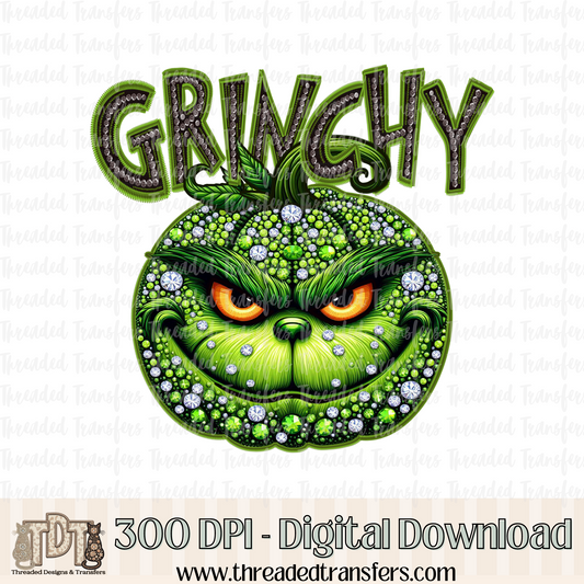 Green Guy Pumpkin Faux Rhinestone & Faux Embroidery Digital Design Download (PNG Format - no product shipped)