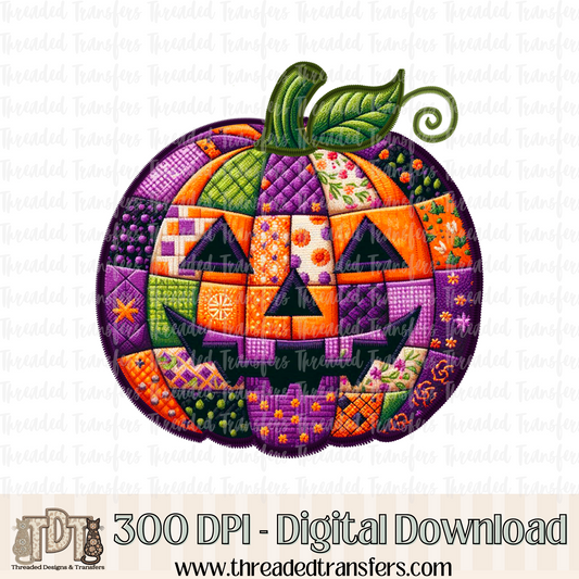 Patchwork Pumpkin Faux Embroidery Digital Design Download (PNG Format - no product shipped)