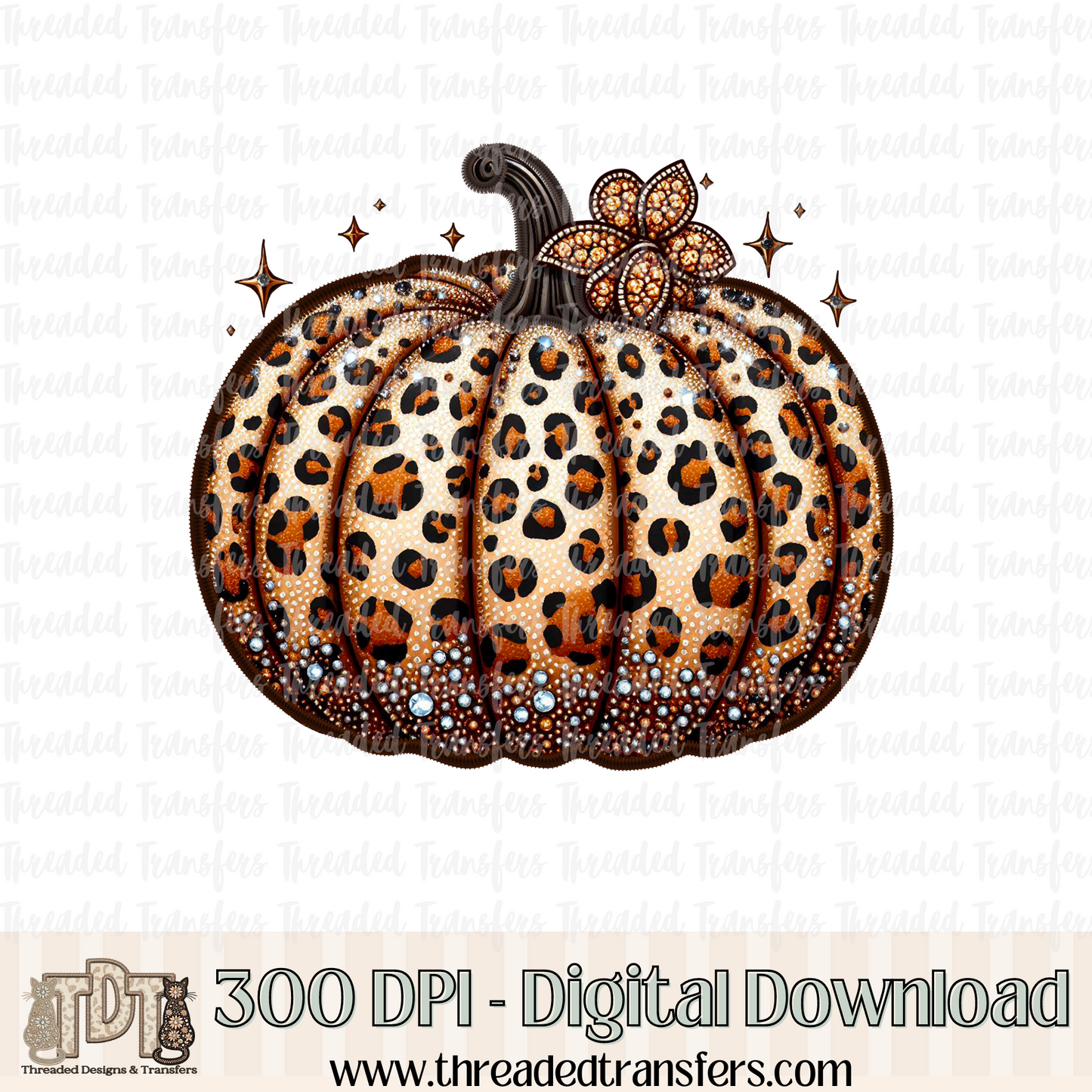 Leopard Pumpkin Faux Rhinestone & Faux Embroidery Digital Design Download (PNG Format - no product shipped)