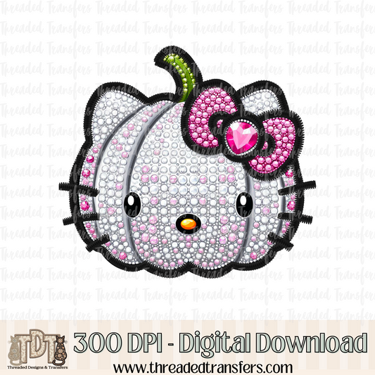 Kitty Pumpkin Faux Rhinestone & Faux Embroidery Digital Design Download (PNG Format - no product shipped)