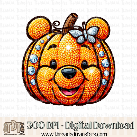 Honey Bear Pumpkin Faux Rhinestone & Faux Embroidery Digital Design Download (PNG Format - no product shipped)