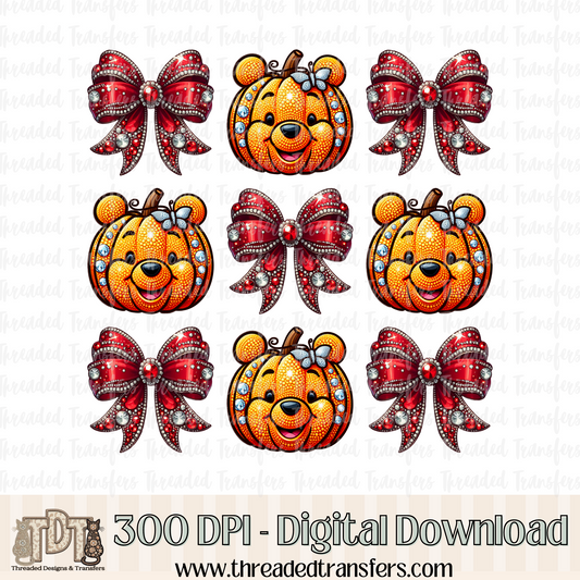 Honey Bear Pumpkin with Bows Faux Rhinestone & Faux Embroidery Digital Design Download (PNG Format - no product shipped)