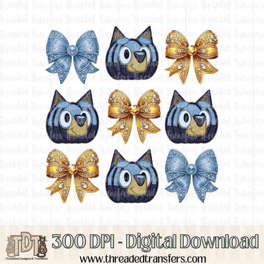 B Dog Pumpkin with Bows Faux Rhinestone & Faux Embroidery Digital Design Download (PNG Format - no product shipped)