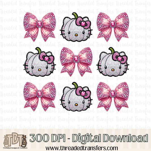 Kitty Pumpkin with Bows Faux Rhinestone & Faux Embroidery Digital Design Download (PNG Format - no product shipped)