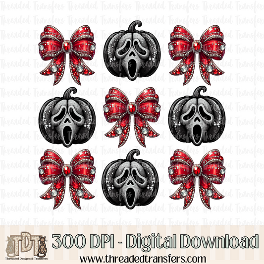 Caller Pumpkin with Bows Faux Rhinestone & Faux Embroidery Digital Design Download (PNG Format - no product shipped)