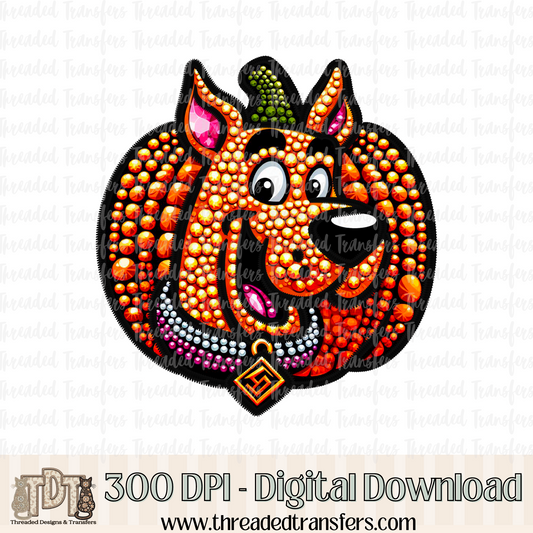 Mystery Dog Pumpkin Faux Rhinestone & Faux Embroidery Digital Design Download (PNG Format - no product shipped)