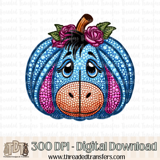 Donkey Pumpkin Faux Rhinestone & Faux Embroidery Digital Design Download (PNG Format - no product shipped)