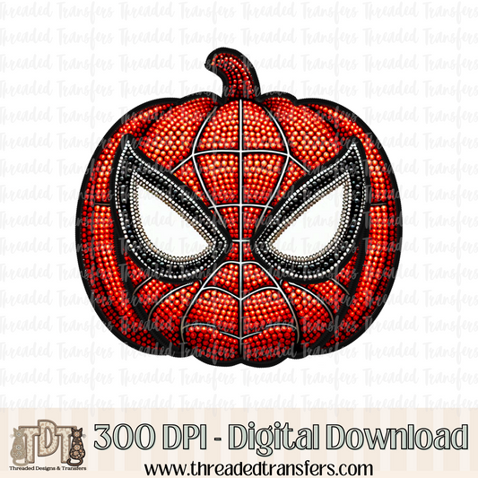 Spider Pumpkin Faux Rhinestone & Faux Embroidery Digital Design Download (PNG Format - no product shipped)