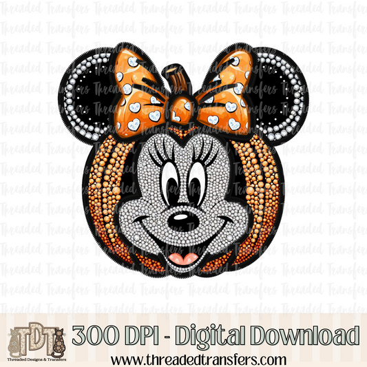 Girl Mouse Pumpkin Faux Rhinestone & Faux Embroidery Digital Design Download (PNG Format - no product shipped)