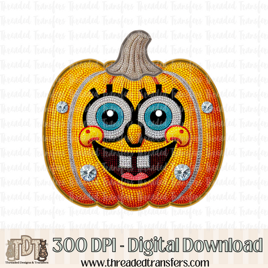 Sponge Pumpkin Faux Rhinestone & Faux Embroidery Digital Design Download (PNG Format - no product shipped)