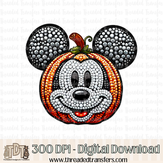 Mouse Pumpkin Faux Rhinestone & Faux Embroidery Digital Design Download (PNG Format - no product shipped)