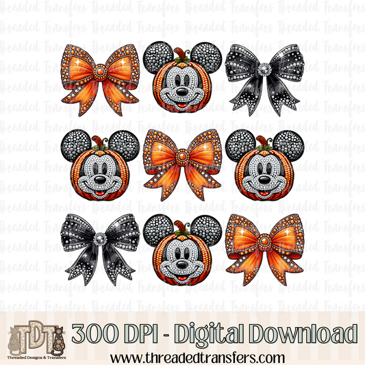 Mouse Pumpkin with Bows Faux Rhinestone & Faux Embroidery Digital Design Download (PNG Format - no product shipped)