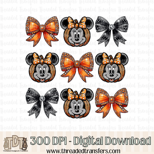 Girl Mouse Pumpkin with Bows Faux Rhinestone & Faux Embroidery Digital Design Download (PNG Format - no product shipped)