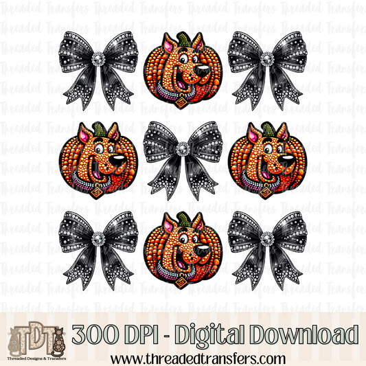 Mystery Dog Pumpkin with Bows Faux Rhinestone & Faux Embroidery Digital Design Download (PNG Format - no product shipped)