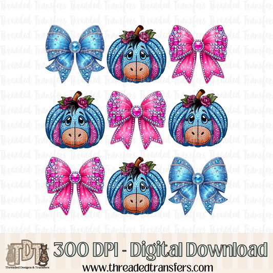 Donkey Pumpkin with Bows Faux Rhinestone & Faux Embroidery Digital Design Download (PNG Format - no product shipped)