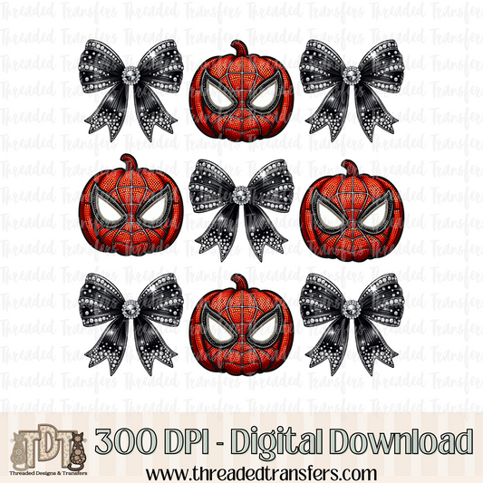 Spider Pumpkin with Bows Faux Rhinestone & Faux Embroidery Digital Design Download (PNG Format - no product shipped)