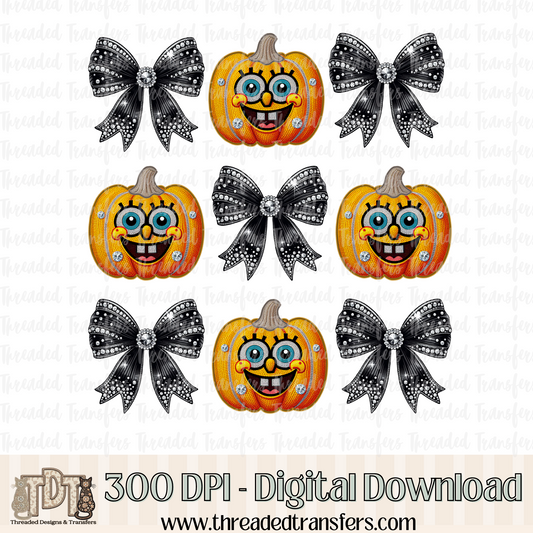 Sponge Pumpkin with Bows Faux Rhinestone & Faux Embroidery Digital Design Download (PNG Format - no product shipped)