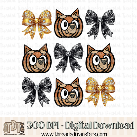 Pumpkin Bingo with Bows Faux Rhinestone & Faux Embroidery Digital Design Download (PNG Format - no product shipped)