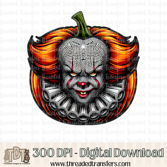 Clown Pumpkin Faux Rhinestone & Faux Embroidery Digital Design Download (PNG Format - no product shipped)