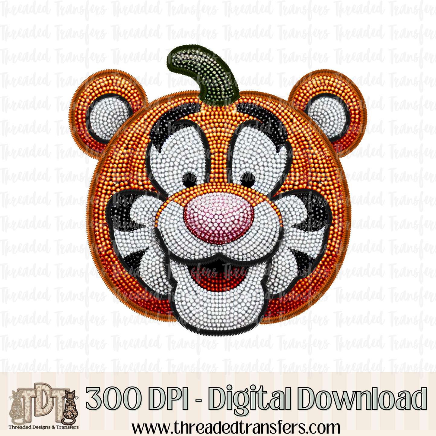 Pumpkin Tiger Faux Rhinestone & Faux Embroidery Digital Design Download (PNG Format - no product shipped)