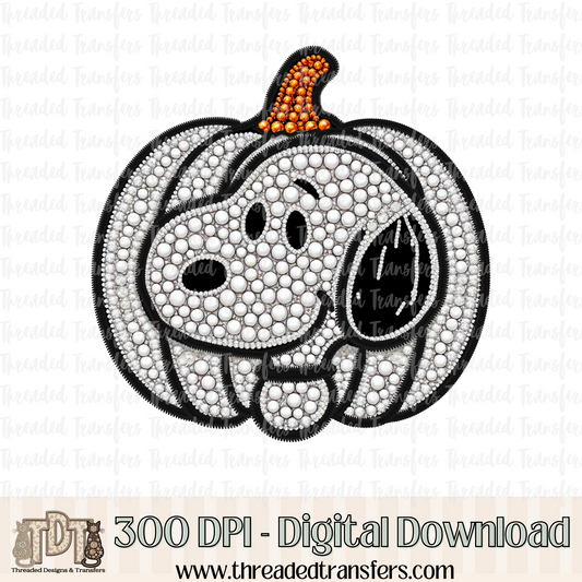 Pumpkin Dog Friend Faux Rhinestone & Faux Embroidery Digital Design Download (PNG Format - no product shipped)