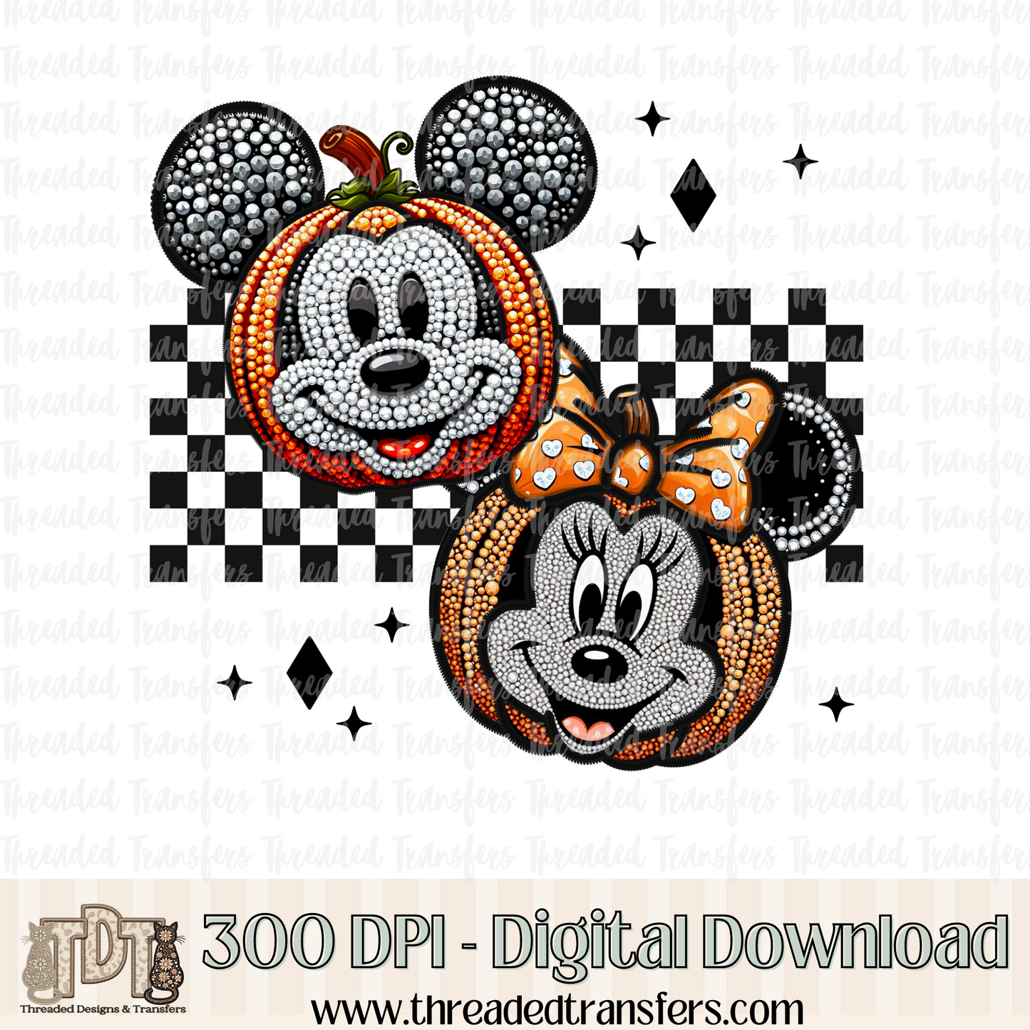 Pumpkin Mice Faux Rhinestone & Faux Embroidery Digital Design Download (PNG Format - no product shipped)