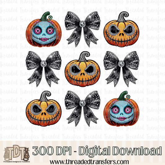 Nightmare Pumpkin Couple with Bows Faux Rhinestone & Faux Embroidery Digital Design Download (PNG Format - no product shipped)