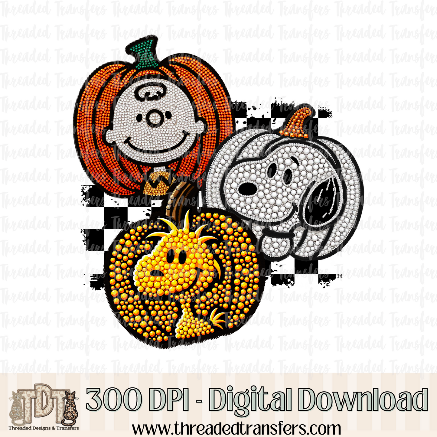 Pumpkin Dog Friends Faux Rhinestone & Faux Embroidery Digital Design Download (PNG Format - no product shipped)