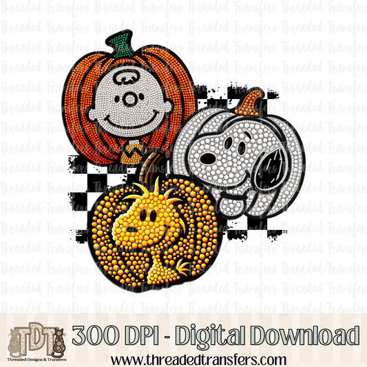 Pumpkin Dog Friends Faux Rhinestone & Faux Embroidery Digital Design Download (PNG Format - no product shipped)